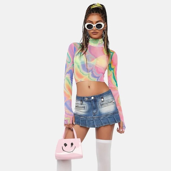 Dolls Kill Abstract Multi Marble Micaela Long Sleeve Mesh Top - Rainbow - Picture 2 of 4